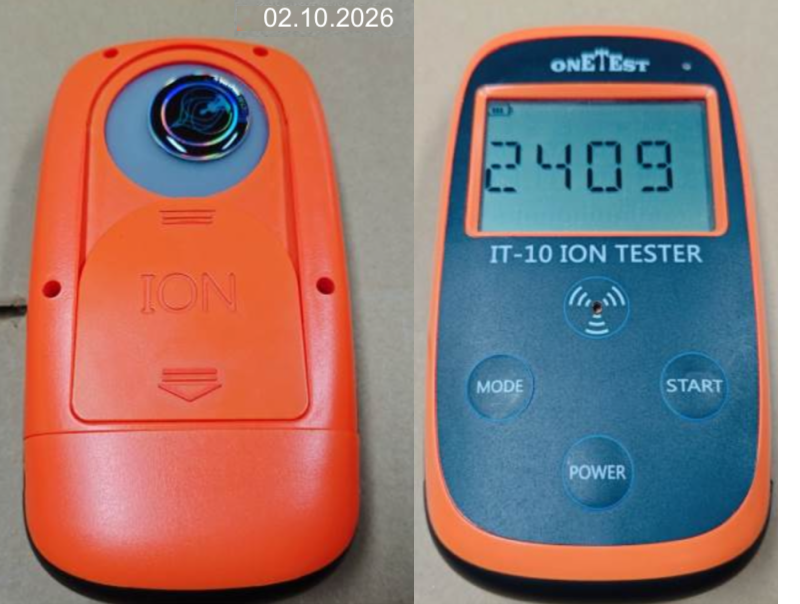 IT-10 Ion Tester reading over 2,000 negative ions with a BioHarmonize sticker on the sensor